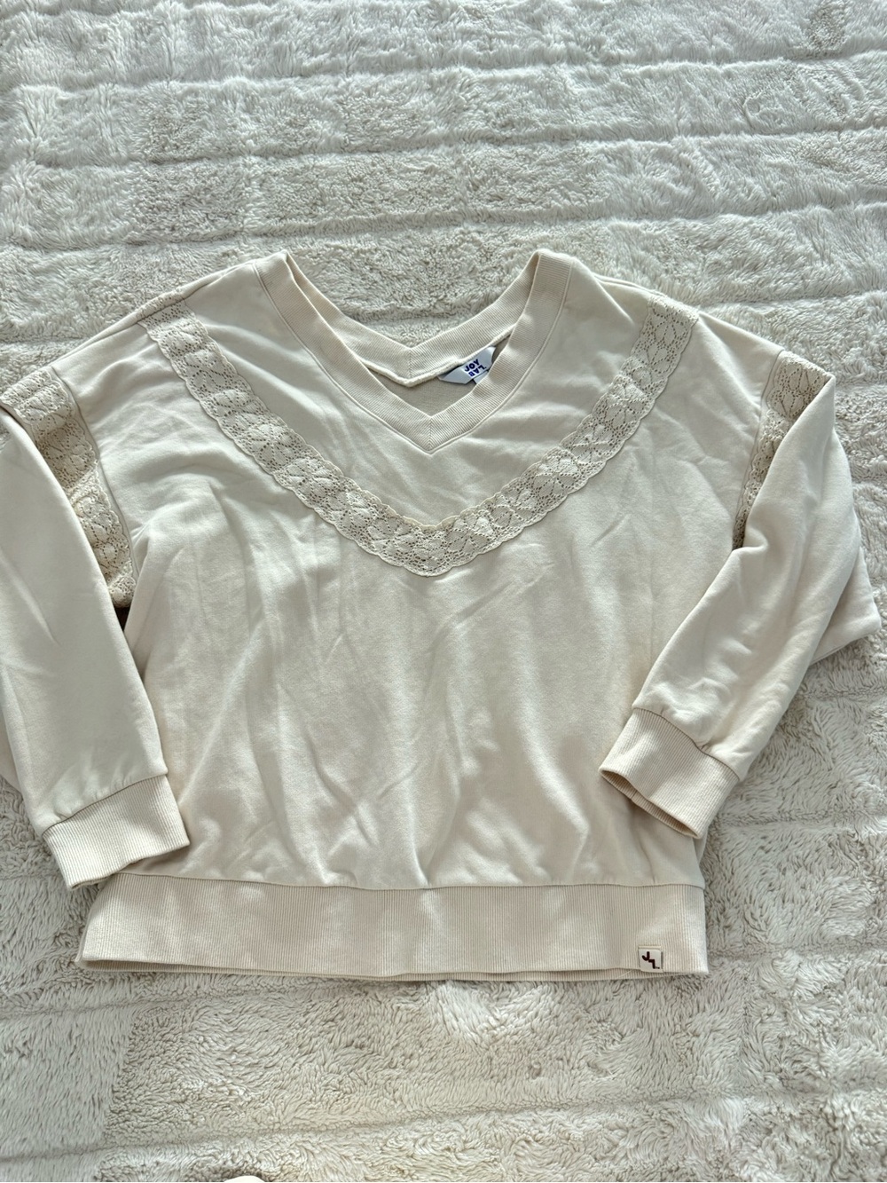 Cream Lace Trim V-Neck Sweatshirt off shoulder
